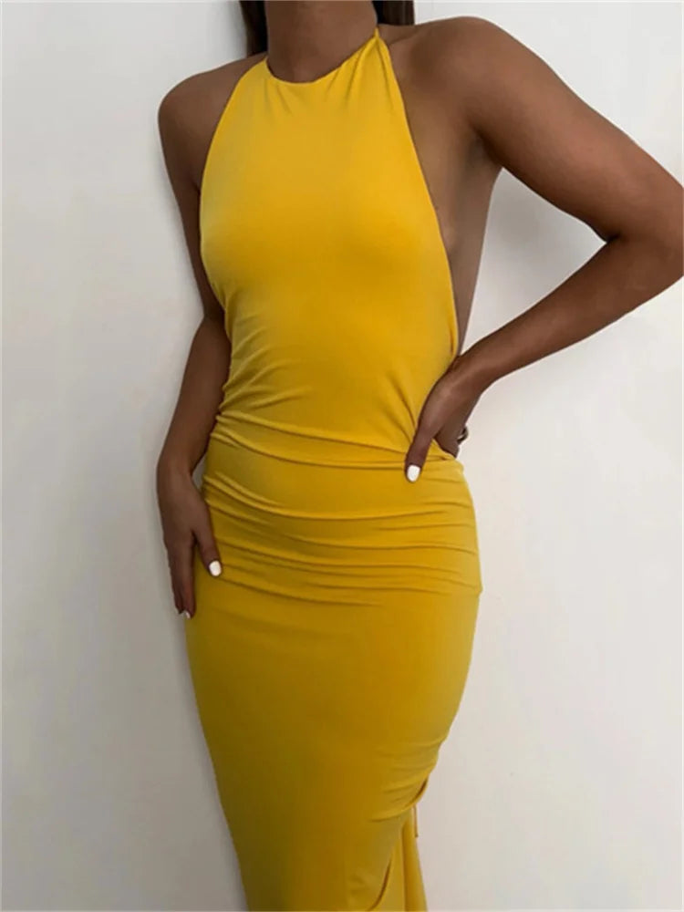 Your Best Deals Are Here!Your Best Deals Are Here!Amy Fashion - Women Halter Tie-up Backless  Slim Fit Solid Ruched Summer Party Sleeveless Off Shoulder Vestido