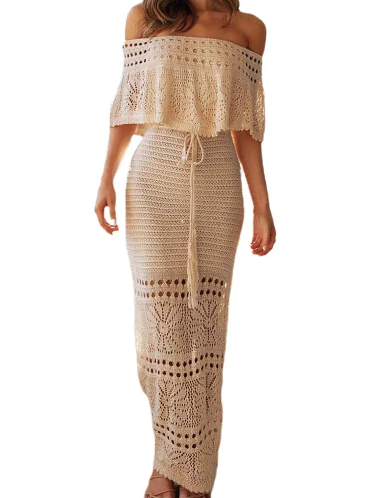 Find Your Perfect Deal Today!Find Your Perfect Deal Today!Amy Fashion - Women Summer Knitted  Short Sleeve Off Shoulder Hollow Out Tie Up Streetwear Female Vestidos  New