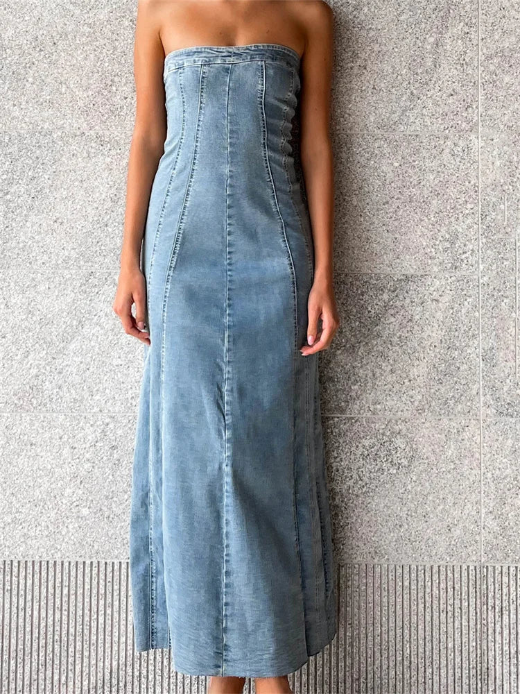 Your Exclusive Offer Awaits!Your Exclusive Offer Awaits!Amy Fashion - Women Tube  Strapless Backless Denim Back Zip Up Summer Side Split Club Party Female Vestidos