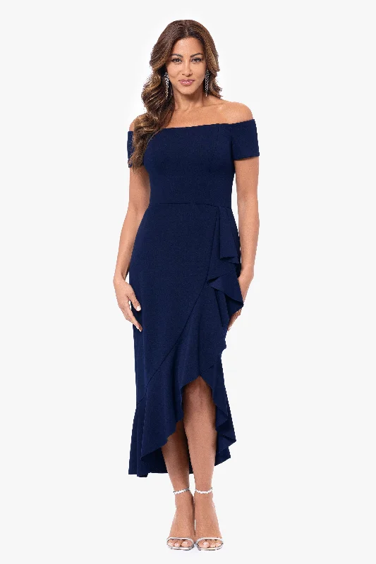 Hurry! While Supplies Last!Hurry! While Supplies Last!"Demetria" Off the Shoulder Scuba Crepe Midi Ruffle Dress Hurry! While Supplies Last!Hurry! While Supplies Last!"Demetria" Off the Shoulder Scuba Crepe Midi Ruffle Dress