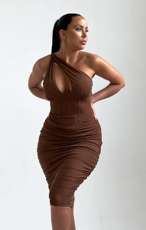 Amazing Prices You Can’t Resist!Amazing Prices You Can’t Resist!Chocolate One Shoulder Cut Out Ruched Midi Dress - Bria Amazing Prices You Can’t Resist!Amazing Prices You Can’t Resist!Chocolate One Shoulder Cut Out Ruched Midi Dress - Bria
