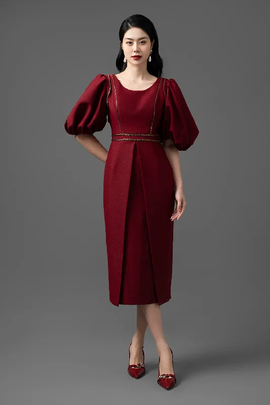 Your Discount is Waiting!Your Discount is Waiting!Crystal Sheath Puffy Sleeved Gabardine Midi Dress