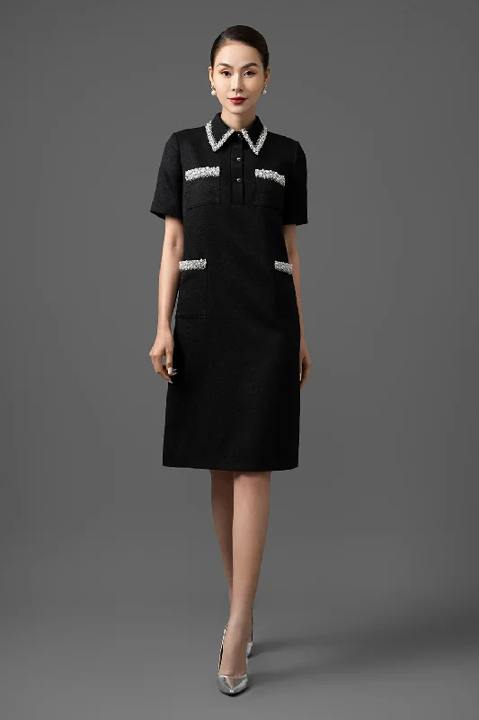 Enjoy Huge Discounts Now!Enjoy Huge Discounts Now!Edora Trapezoid Collared Neck Gabardine Below The Knee Dress