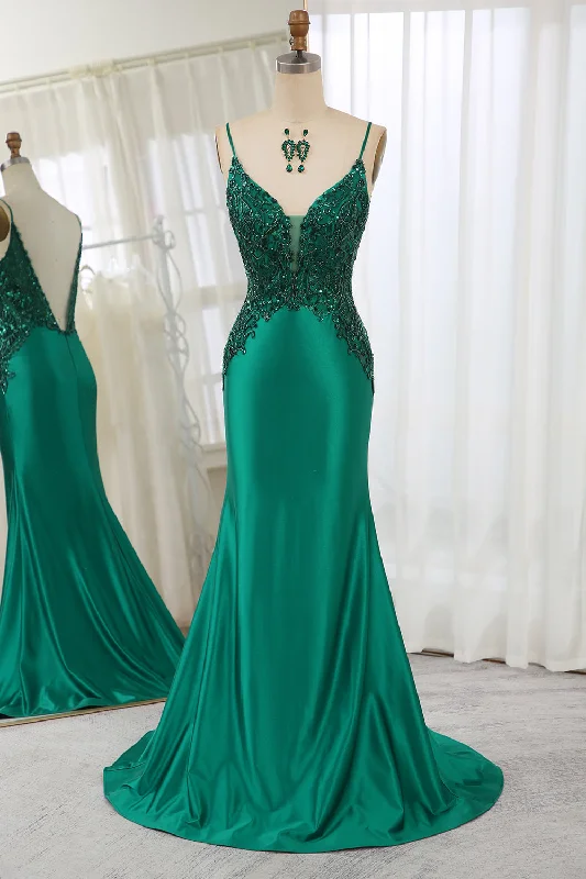 Flash Sale – Act Fast!Flash Sale – Act Fast!Glitter Dark Green Mermaid Backless Long Prom Dress With Beaded Appliques