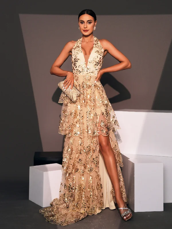 Don't Miss Out!Don't Miss Out!Halter Split Layered Hem Sequin Dress RJ11837