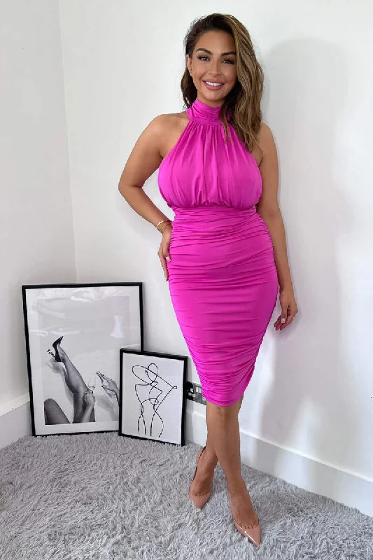 Special Offer – Act Fast!Special Offer – Act Fast!Hot Pink Ruched High Neck Midi Dress