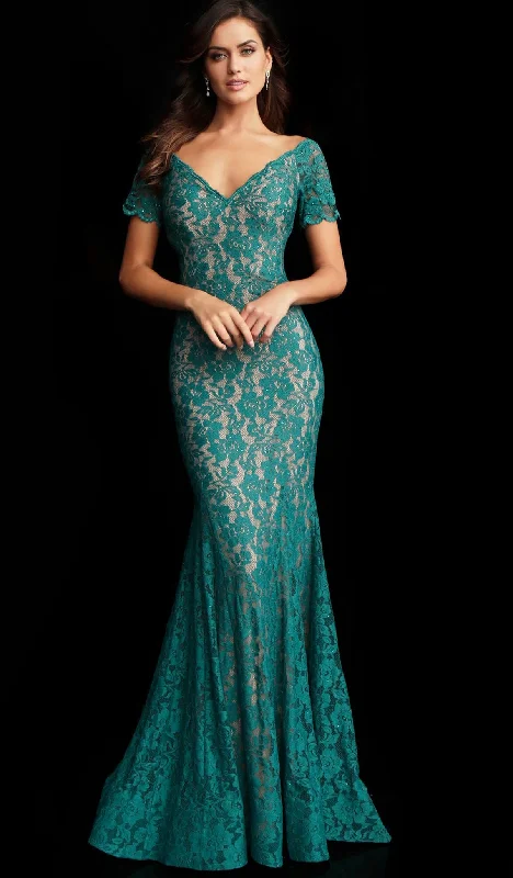 Mega Sale Happening Now!Mega Sale Happening Now!Jovani - 66730 Embellished Lace Short Sleeve V-neck Trumpet Dress