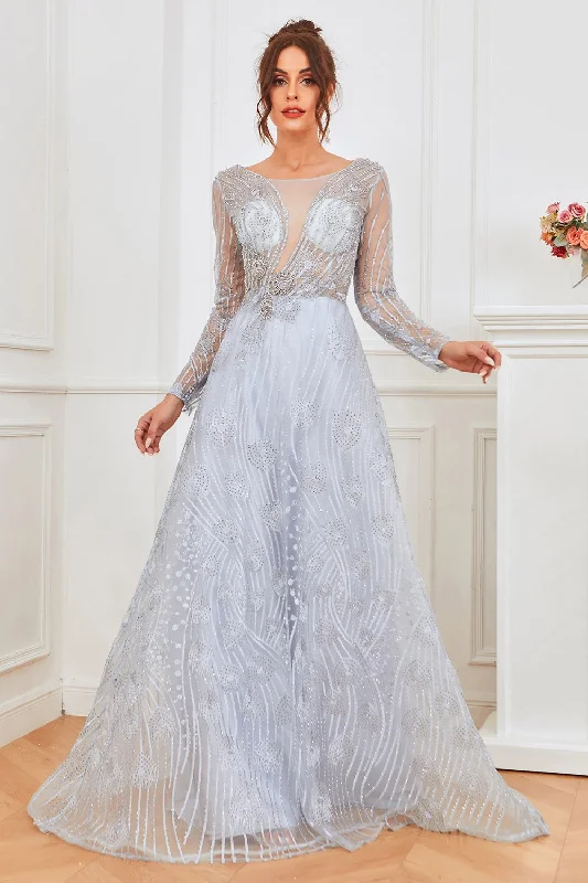 Great Deals, Just for You!Great Deals, Just for You!Light Blue Beaded Prom Dress with Sleeves