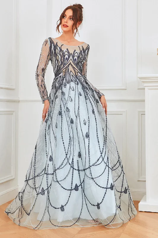 Time to Save Big!Time to Save Big!Light Blue Long Sleeves Beaded Evening Dress