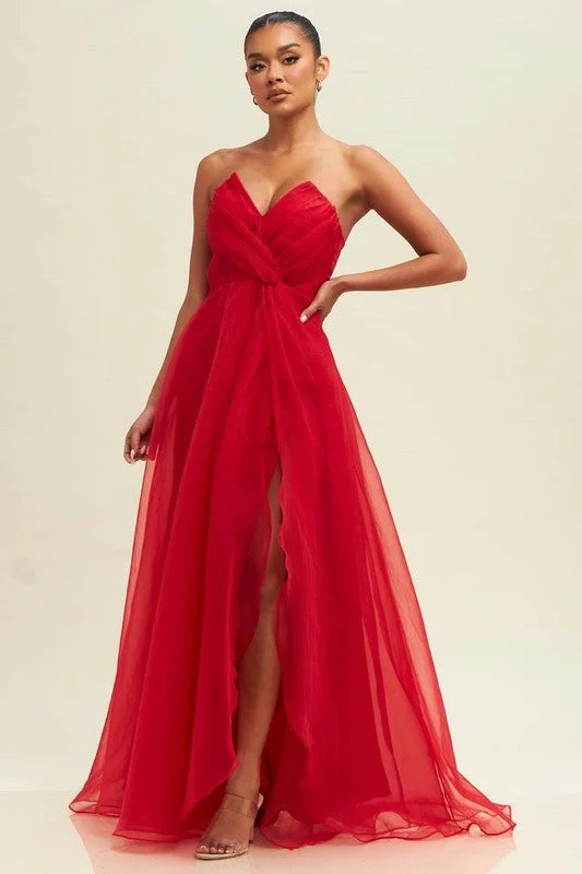 Get More for Less!Get More for Less!Organza V Neckline Maxi Red Dress