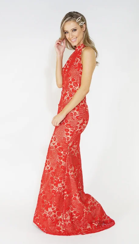 Incredible Savings Inside!Incredible Savings Inside!Red & Nude Halter Neck Lace Long Dress Incredible Savings Inside!Incredible Savings Inside!Red & Nude Halter Neck Lace Long Dress
