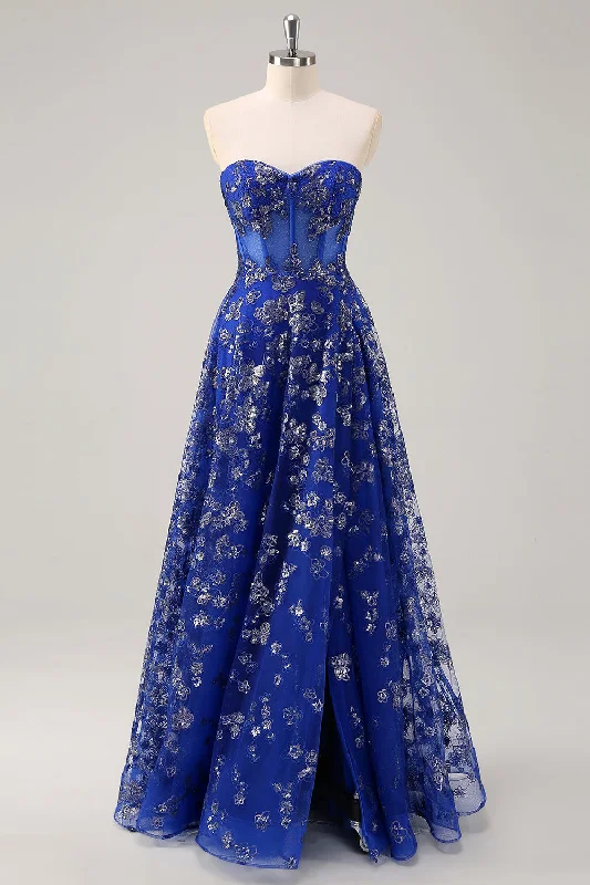 Unbeatable Prices!Unbeatable Prices!Royal Blue A Line Strapless Appliques Corset Long Prom Dress with Slit