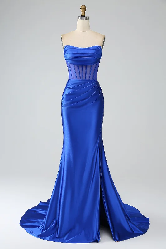 Hurry, Sale Ends Soon!Hurry, Sale Ends Soon!Royal Blue Mermaid Strapless Corset Long Prom Dress with Slit