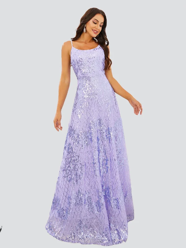 Limited-Time Price Drop!Limited-Time Price Drop!Spaghetti A-Line Purple Sequin Maxi Dress RJ10546