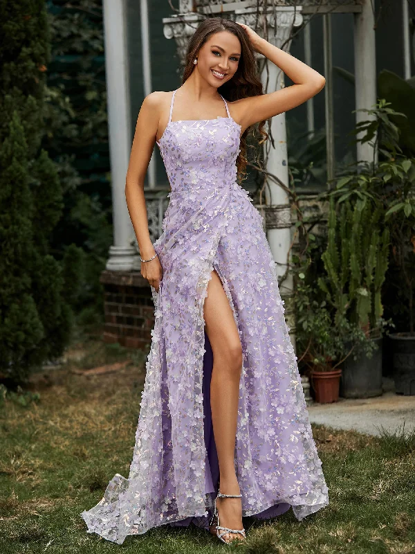 Your Shopping Wish, Our Discount Command!Your Shopping Wish, Our Discount Command!Square Neckline Sweep Train Floral Dress With Slit Lilac