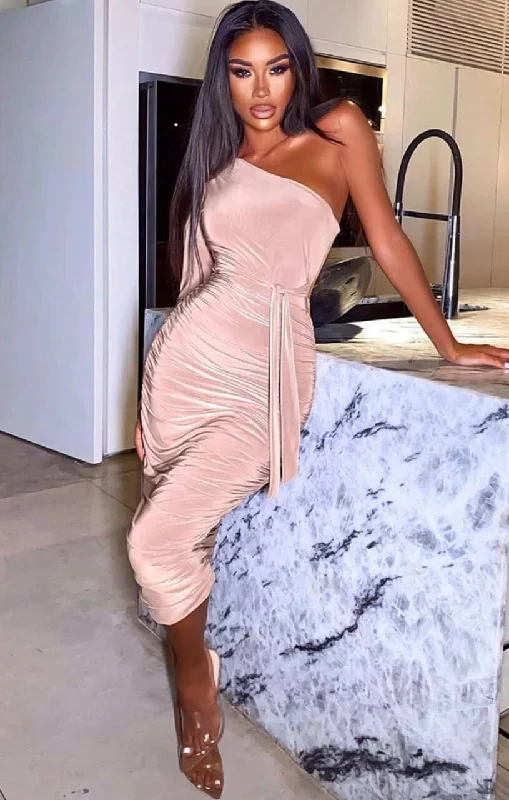 Today Only – Don’t Miss It!Today Only – Don’t Miss It!Stone One Shoulder Ruched Slinky Midi Dress - Savannah