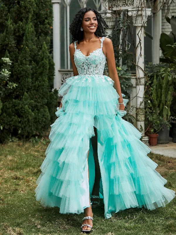 Buy More, Save More!Buy More, Save More!Sweetheart Ruffle Skirt Tiered Tulle Gown With Slit Turquoise