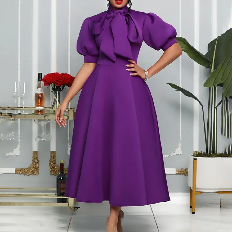 Shop Today, Save Tomorrow!Shop Today, Save Tomorrow!Swing Plus Size Women's Summer Bow Solid Color Banquet Short Sleeve Dress