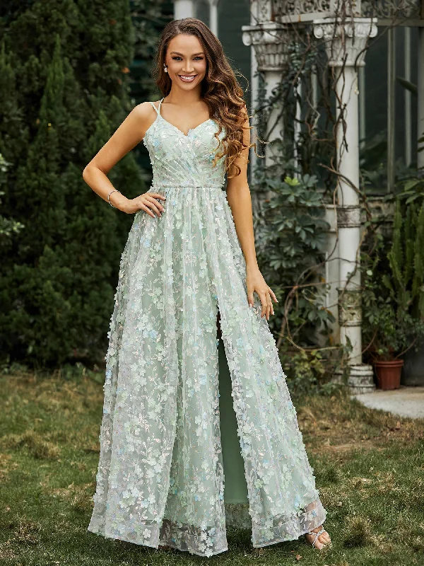 Unmissable Offers Await!Unmissable Offers Await!V-neck Appliqued Flowers Dress With Slit Dusty Sage