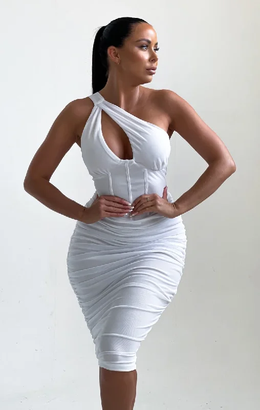 Amazing Prices You Can’t Resist!Amazing Prices You Can’t Resist!White One Shoulder Cut Out Ruched Midi Dress - Bria