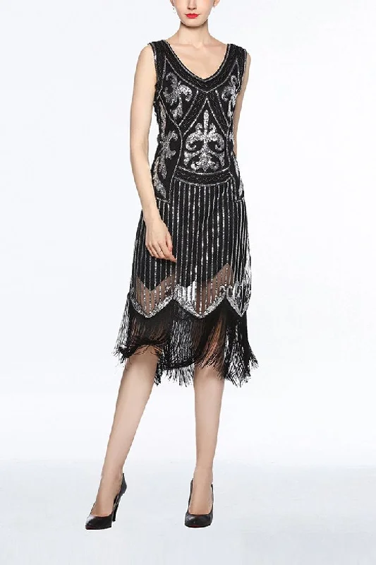 Special Discounts Inside!Special Discounts Inside!Women Black V Neck 1920s Fringe Sequin Flapper Dress