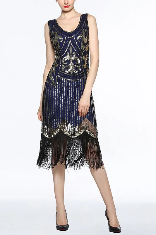 Buy More, Pay Less!Buy More, Pay Less!Women Navy V Neck 1920s Fringe Sequin Flapper Dress Buy More, Pay Less!Buy More, Pay Less!Women Navy V Neck 1920s Fringe Sequin Flapper Dress