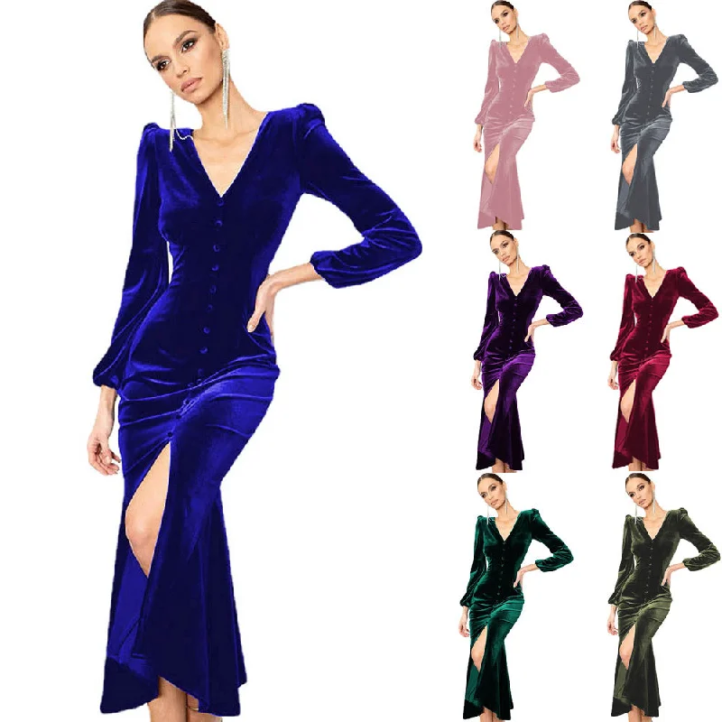 Massive Price Cuts!Massive Price Cuts!Women's Solid Color Knitted V-neck Padded Shoulder Long Sleeve Skirt Elegant Dress