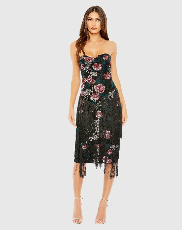 Limited Deals, Unlimited Savings!Limited Deals, Unlimited Savings!Strapless Floral Embroidered Midi Dress With Fringe Detailing