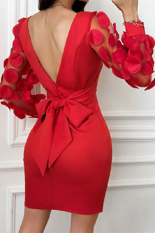 The Best Sale of the Year!The Best Sale of the Year!3D Rounded Leaf Decor Modern V-Back Bow Tie Mini Dress