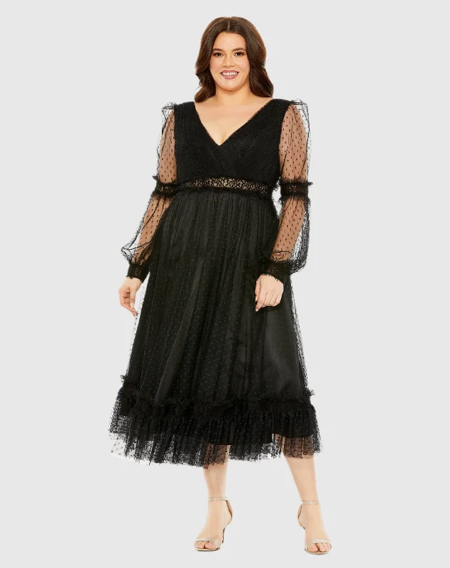 Great Deals, Just for You!Great Deals, Just for You!V Neck Long Sleeve Polka Dot Dress with Lace Belt
