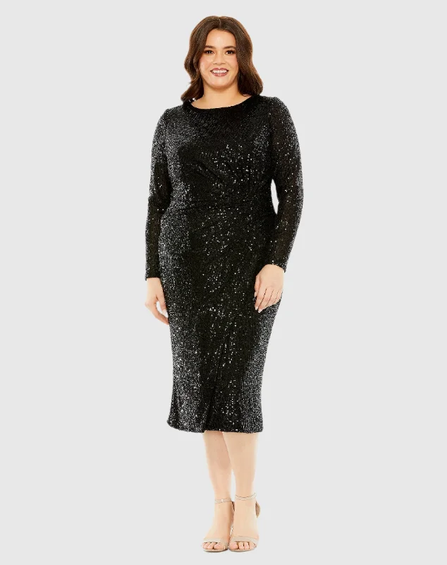 Shop Now and Save!Shop Now and Save!Long Sleeve Sequin Gathered Waist Dress