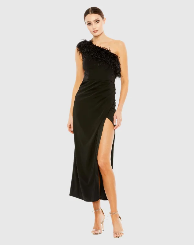 Time to Save Big!Time to Save Big!Feather Trim One Shoulder Draped Dress