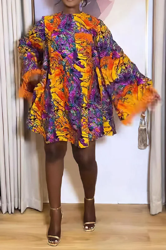 Great Deals, Just for You!Great Deals, Just for You!Abstract Print Feather Trim Dramatic Swing Mini Dress