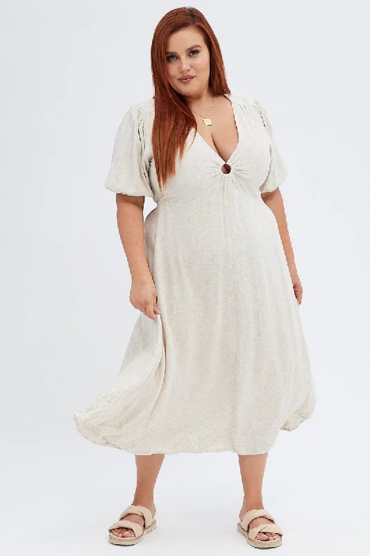 Limited Edition, Limited Price!Limited Edition, Limited Price!Beige Midi Dress Ring Linen Blend