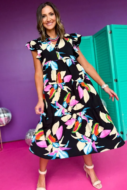 Incredible Savings Inside!Incredible Savings Inside!Black Floral Printed Collared Button Front Flutter Sleeve Midi Dress Incredible Savings Inside!Incredible Savings Inside!Black Floral Printed Collared Button Front Flutter Sleeve Midi Dress