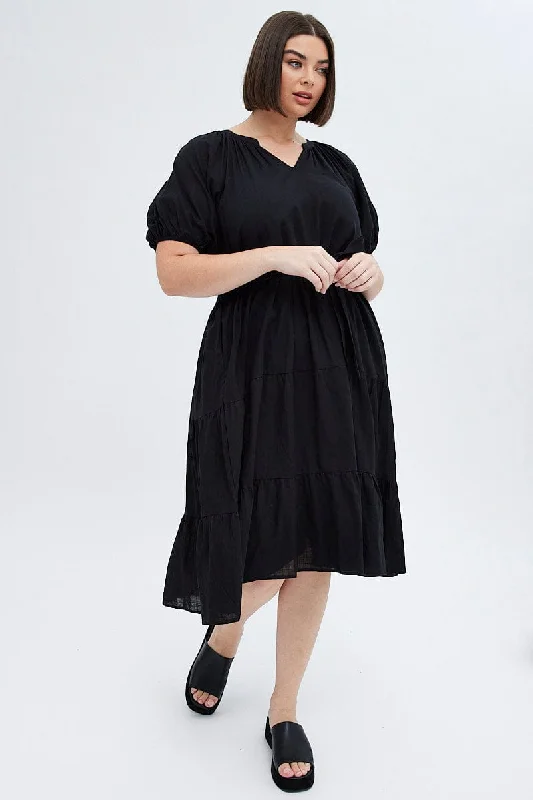 Biggest Sale of the Season!Biggest Sale of the Season!Black Midi Dress Tiered Notch Collar Belted Biggest Sale of the Season!Biggest Sale of the Season!Black Midi Dress Tiered Notch Collar Belted