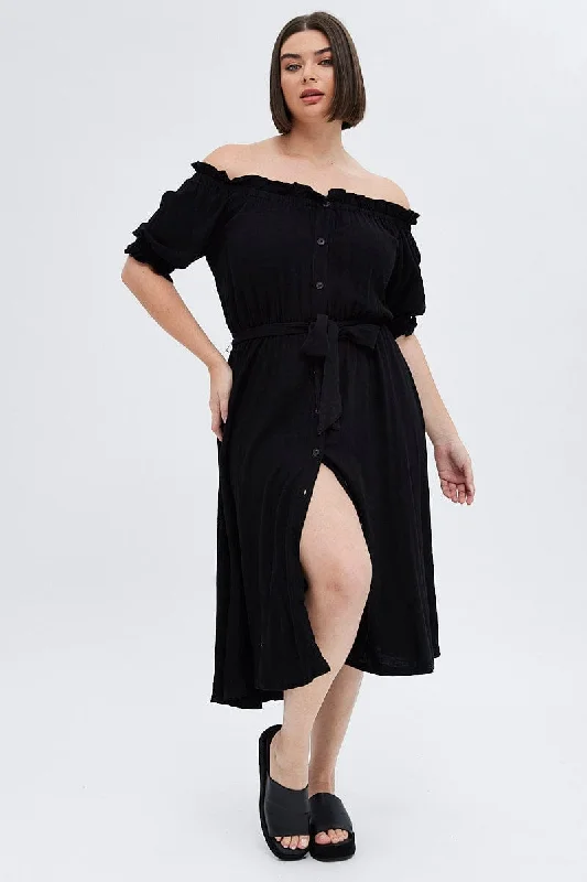 Huge Savings – Act Now!Huge Savings – Act Now!Black Short Sleeve Linen Button Midi Dress