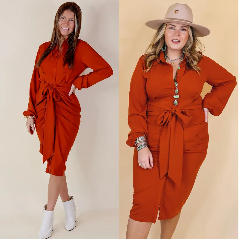 Incredible Savings Inside!Incredible Savings Inside!Last Chance Size Small & Medium | Heart On The Line Button Up Ruched Front Midi Dress with Waist Tie in Rust Orange
