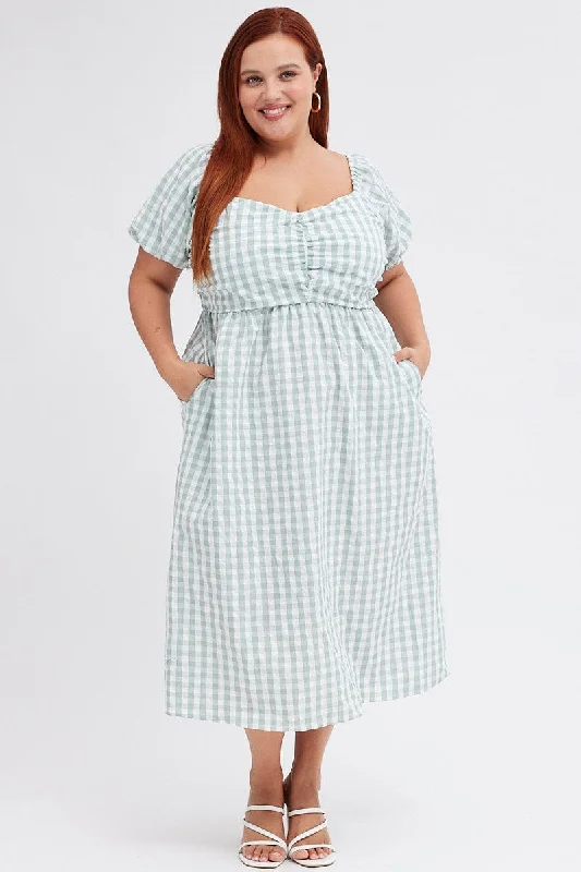 One Day Only – Huge Savings!One Day Only – Huge Savings!Check Midi Dress Ruched Bodice Gingham Puff Sleeve