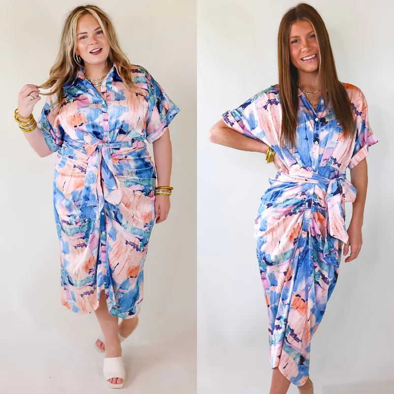 Upgrade for Less!Upgrade for Less!Abstract Meetings Collared Button Up Midi Dress With a Tied Waist in Blue and Coral Pink Upgrade for Less!Upgrade for Less!Abstract Meetings Collared Button Up Midi Dress With a Tied Waist in Blue and Coral Pink