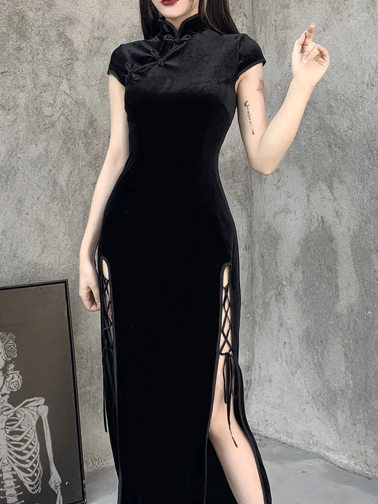 Bigger Savings, Better Shopping!Bigger Savings, Better Shopping!FashionSierra - Gothic Velvet Aesthetic Women Black Bandage SlitHem Bodycon Evening Wear Cheongsam Midi Dress Bigger Savings, Better Shopping!Bigger Savings, Better Shopping!FashionSierra - Gothic Velvet Aesthetic Women Black Bandage SlitHem Bodycon Evening Wear Cheongsam Midi Dress