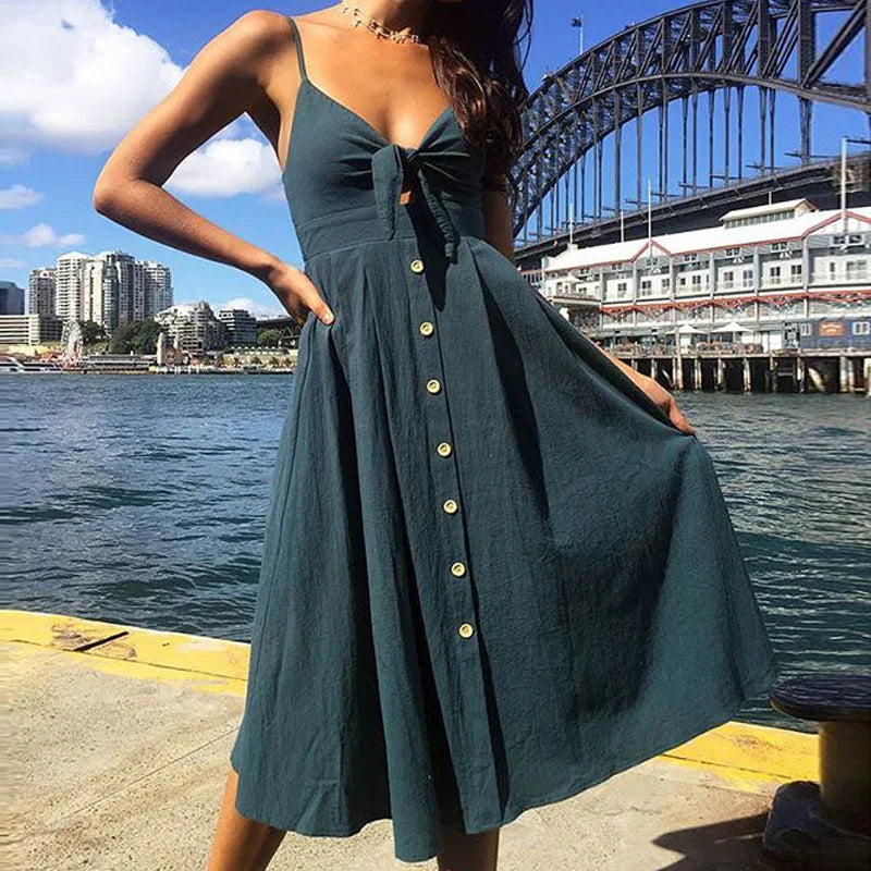 Best Offers of the Month!Best Offers of the Month!FashionSierra - Bow Polka Dots Print Beach Summer Women 2024 Cotton Deep V Neck Buttons Red White Off Shoulder Midi Dress