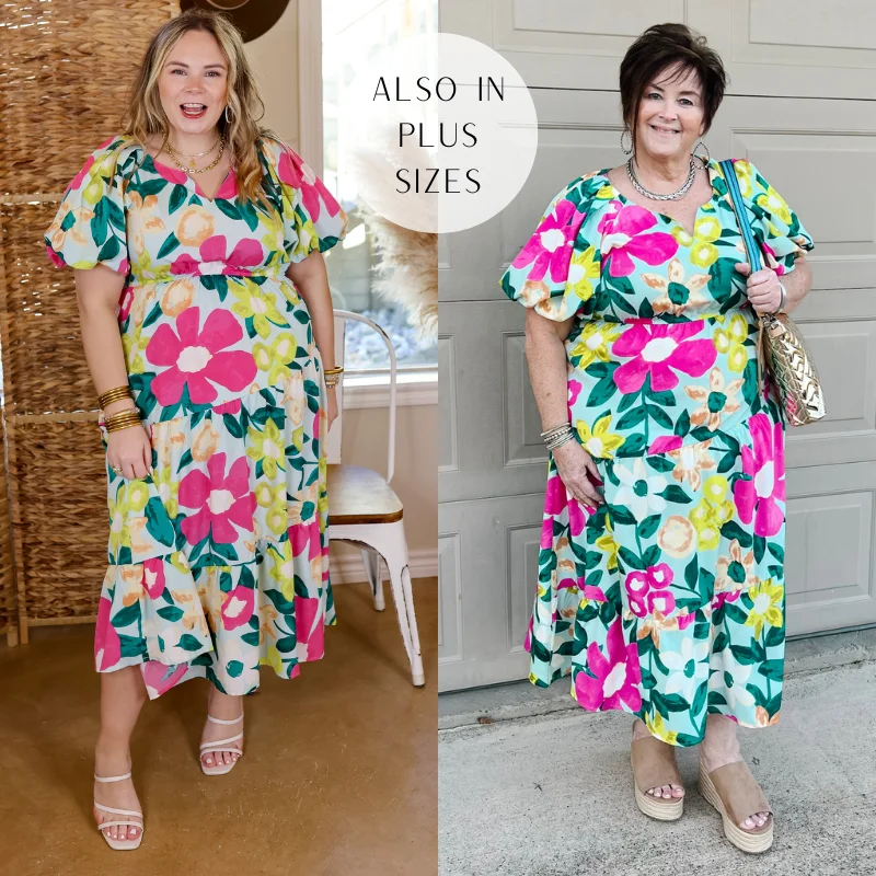 Special Offer – Act Fast!Special Offer – Act Fast!Last Chance Size Small | Gramercy Garden Floral Midi Dress with Short Balloon Sleeves in Light Blue