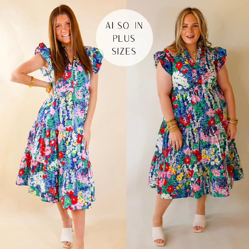 Amazing Prices You Can’t Resist!Amazing Prices You Can’t Resist!Last Chance Size Small | Magnolia Morning Floral Ruffle Cap Sleeve Tiered Midi Dress in Blue