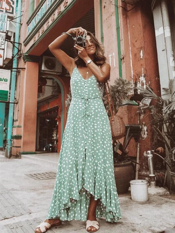 Unlock Huge Savings Now!Unlock Huge Savings Now!Frill Detail Strappy High Low Dress In Mint With Spot Print