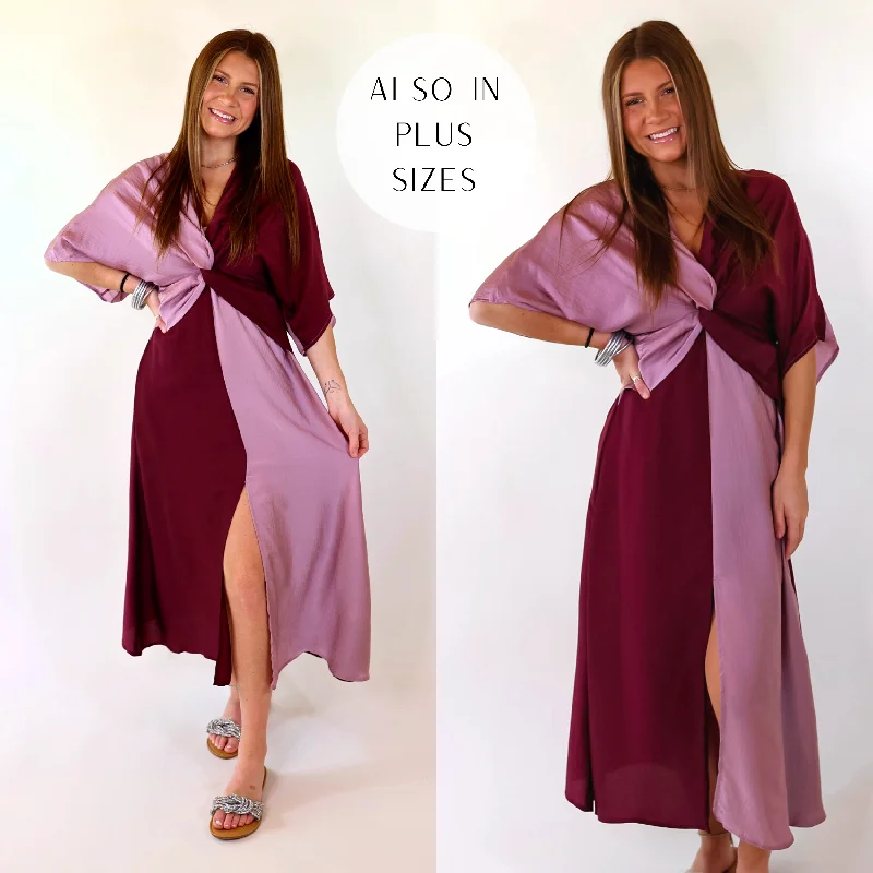 Hurry! While Supplies Last!Hurry! While Supplies Last!Take My Breath Away Front Knot Color Block Midi Dress in Purple Mix
