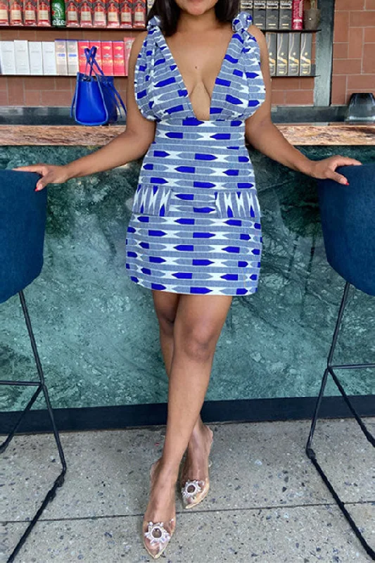 Instant Savings Await!Instant Savings Await!Geometric Print Stylish Knotted Shoulder Plunging Mini Dress