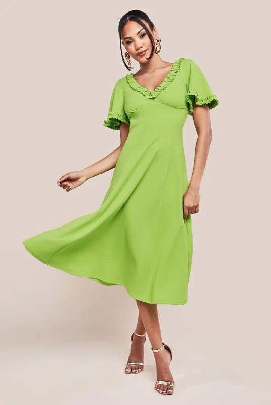 Incredible Savings Inside!Incredible Savings Inside!Goddiva Flare Sleeve Frill Edge Midi Dress - Lime Green