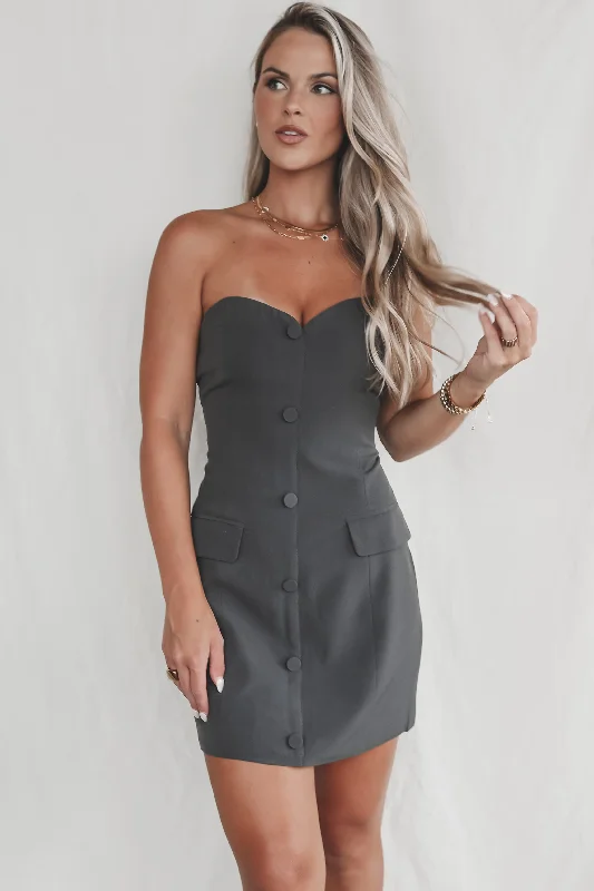 Huge Price Cuts Await!Huge Price Cuts Await!Gotta Work Cover Girl Charcoal Strapless Dress