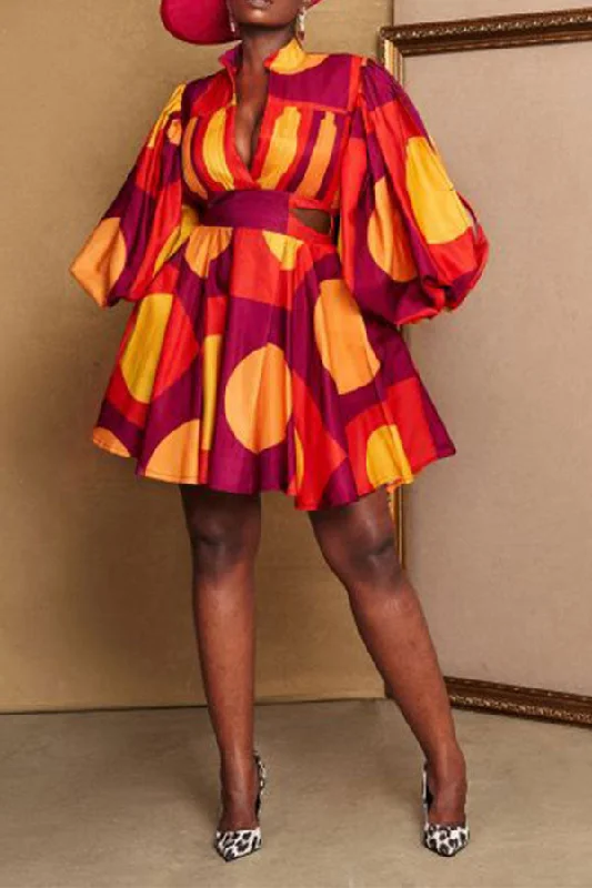 Your Shopping Spree Starts Here!Your Shopping Spree Starts Here!Graphic Print Puff Sleeve Dramatic A-Line Mini Dress